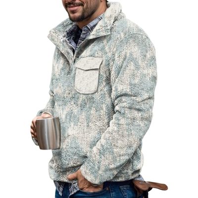 Akivide Men's Fleece Fuzzy Aztec Floral Print Sweatshirt Winter Western Ethnic Graphic Lapel Pullovers Button Oversized Tops