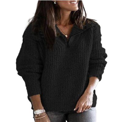 BIVENANT Womens Pullover Sweaters Half Zip 1/4 Zip Pullover Women Sweater Long Sleeve Lapel V Neck Waffle Knit Tops for Women Chunky Sweater Fall Outfits,Black,S