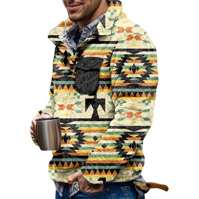Akivide Men's Fleece Fuzzy Aztec Floral Print Sweatshirt Winter Western Ethnic Graphic Lapel Pullovers Button Oversized Tops