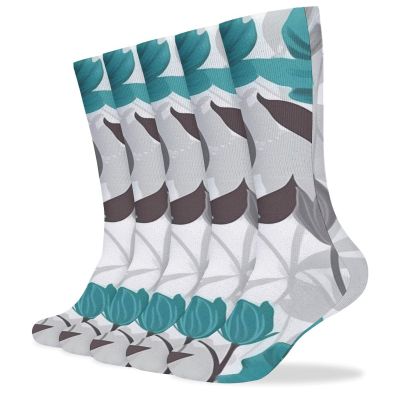 JTKBNVM Teal Grey And White Floral Socks for Women Men Cotton Sock Breathable Boot Socks Warm Calf Socks for Hiking Work Crew Socks Thin Casual Long Socks 5 Pairs
