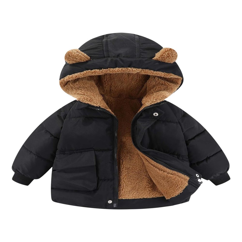 YEAHDOR Unisex Baby Winter Snowsuit Toddler Boy Girls Cute Ear Hooded Zipper Thicken Coat with Pockets Casual Wear Black 3-5 Years