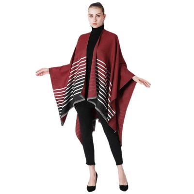 GIBZ Women Shawl Wrap Winter Soft Retro Stripe Print Poncho Cape Open Front Warm Casual Sweater Ponchos Red 2 135 * 175cm