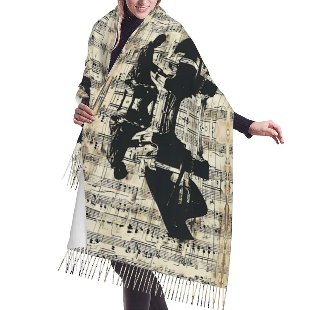 Sheet Music print Cashmere imitation tassel shawl Warm tassel scarf poncho shawl clothing accessory