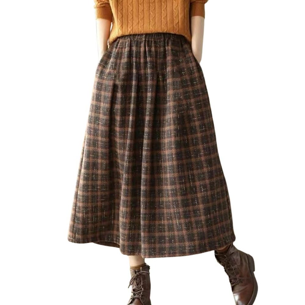 chouyatou Women's Vintage Plaid Pleated Wool Skirt Elastic Waist A-Line Midi Long Swing Skirt with Pockets (Medium, Brown)