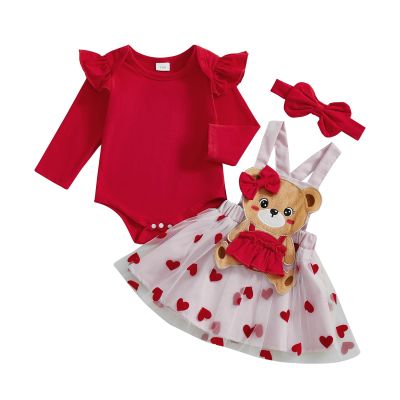 Amnnchya Christmas Baby Girl Outfit Newborn Cute Elk Fly Sleeve Romper Overall Dress Infant Girls Fall Winter Skirt Set (Heart Valentines Outfit, 12-18 Months)