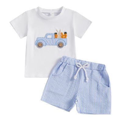 LAGKIYOJ Toddler Baby Boy Easter Outfit Bunny Short Sleeve Rabbit Shirt Stripes Shorts Summer Spring Baby Clothes Set (White, 12-18 Months)