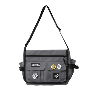 Canvas Hobo Crossbody Bag Vintage Multi Pocket Messenger Bag Aesthetic Shoulder Laptop Handbag with Cute Pins Daily (Grey)