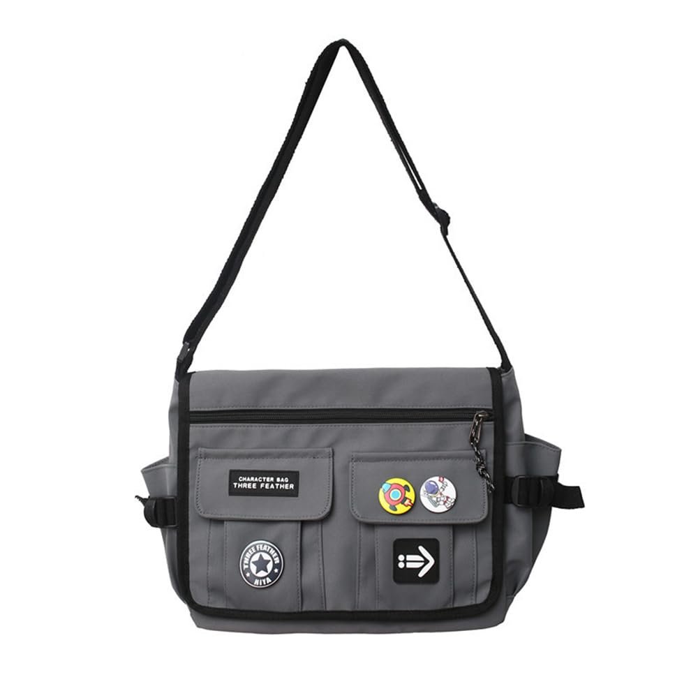 Canvas Hobo Crossbody Bag Vintage Multi Pocket Messenger Bag Aesthetic Shoulder Laptop Handbag with Cute Pins Daily (Grey)