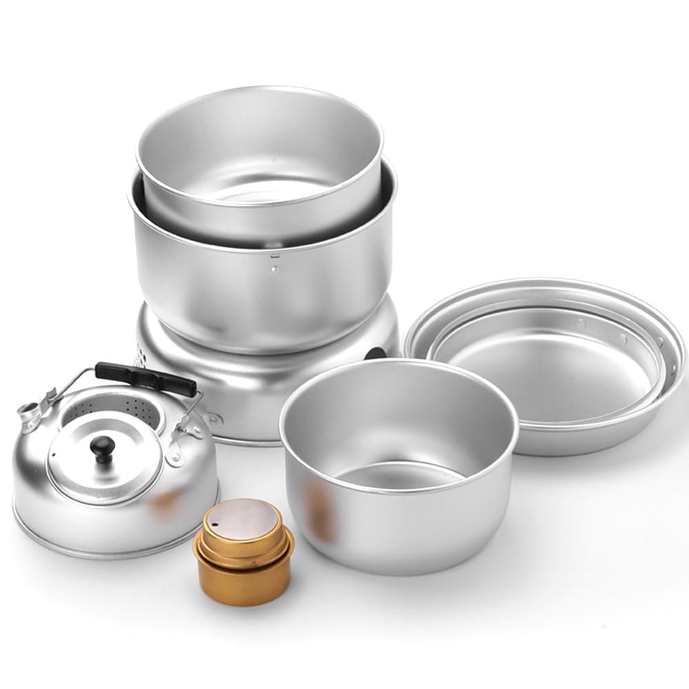 TARSHYRY 10pcs Camping Cookware Mess Kit, Lightweight Pot Pan Mini Stove for Backpacking, Outdoor Camping Hiking and Picnic(Kettle, Pot, Frying Pan, Stove, Hand vice)