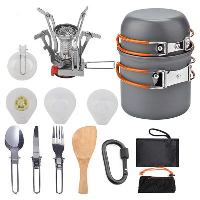 16pcs Camping Cookware Mess Kit, Mini Stove with Lightweight Pot, Stove, Spork and Carry Mesh Bag Fork Spoon Kits for Backpacking, Outdoor Camping Hiking and Picnic (Orange)