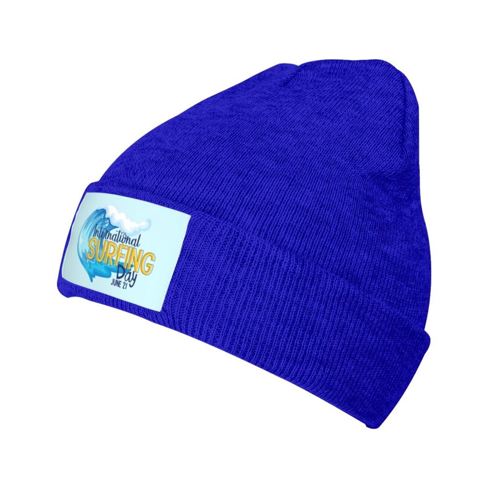 International Surfing Day Font with Water Wave Beanie Hat Acrylic Knit Warm Winter Hats for Women Men Skull Cap Blue