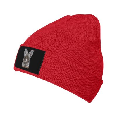 Rabbit Head Beanie Hat Acrylic Knit Warm Winter Hats for Women Men Skull Cap Red
