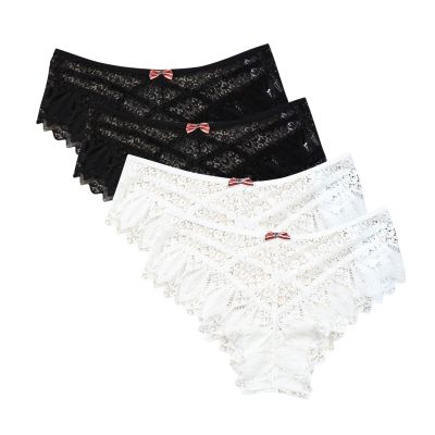 4Pack Lace Briefs for Women Plus Size Stretch Comfy Underwear Bow Mid-rise G-String Panty Underpant Lingerie Knick White Small