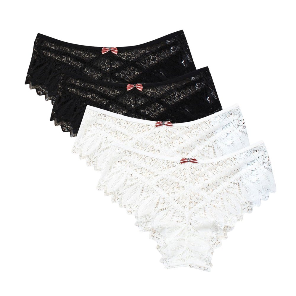 4Pack Lace Briefs for Women Plus Size Stretch Comfy Underwear Bow Mid-rise G-String Panty Underpant Lingerie Knick White Small