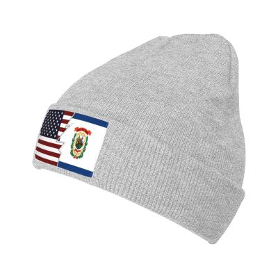 ZKLCRYTR Ripped Style American and Flag of West Virginia Beanie Hat Acrylic Knit Warm Winter Hats for Women Men Skull Cap Gray