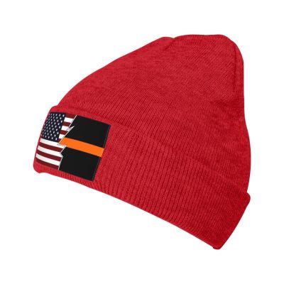 ZKLCRYTR Ripped Style American and Thin Orange Line Flag Beanie Hat Acrylic Knit Warm Winter Hats for Women Men Skull Cap