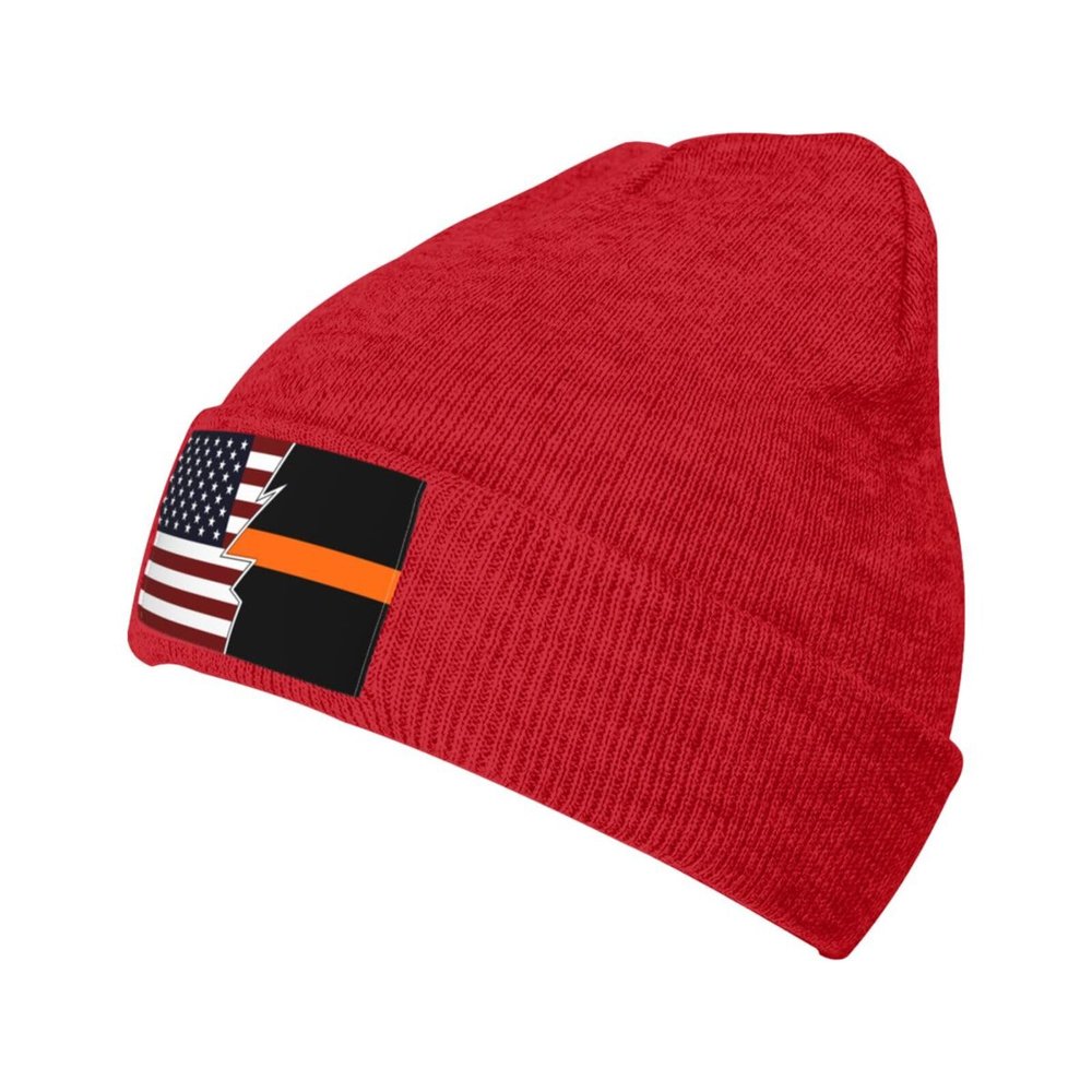 ZKLCRYTR Ripped Style American and Thin Orange Line Flag Beanie Hat Acrylic Knit Warm Winter Hats for Women Men Skull Cap