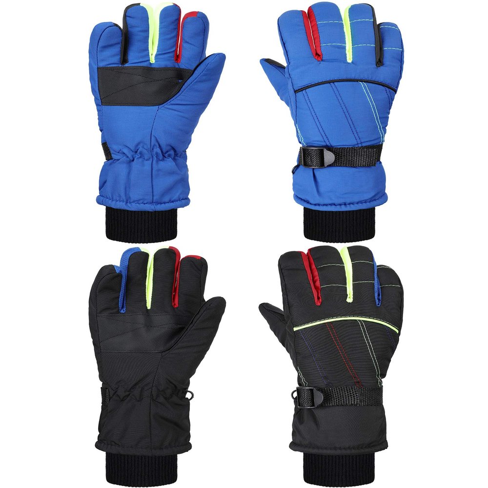 SATINIOR 2 Pairs Kids Waterproof Winter Snow Gloves Ski Gloves for Boy Girl Outdoor Warm Thickening Snowboard(Black, Blue,8-12 Years)