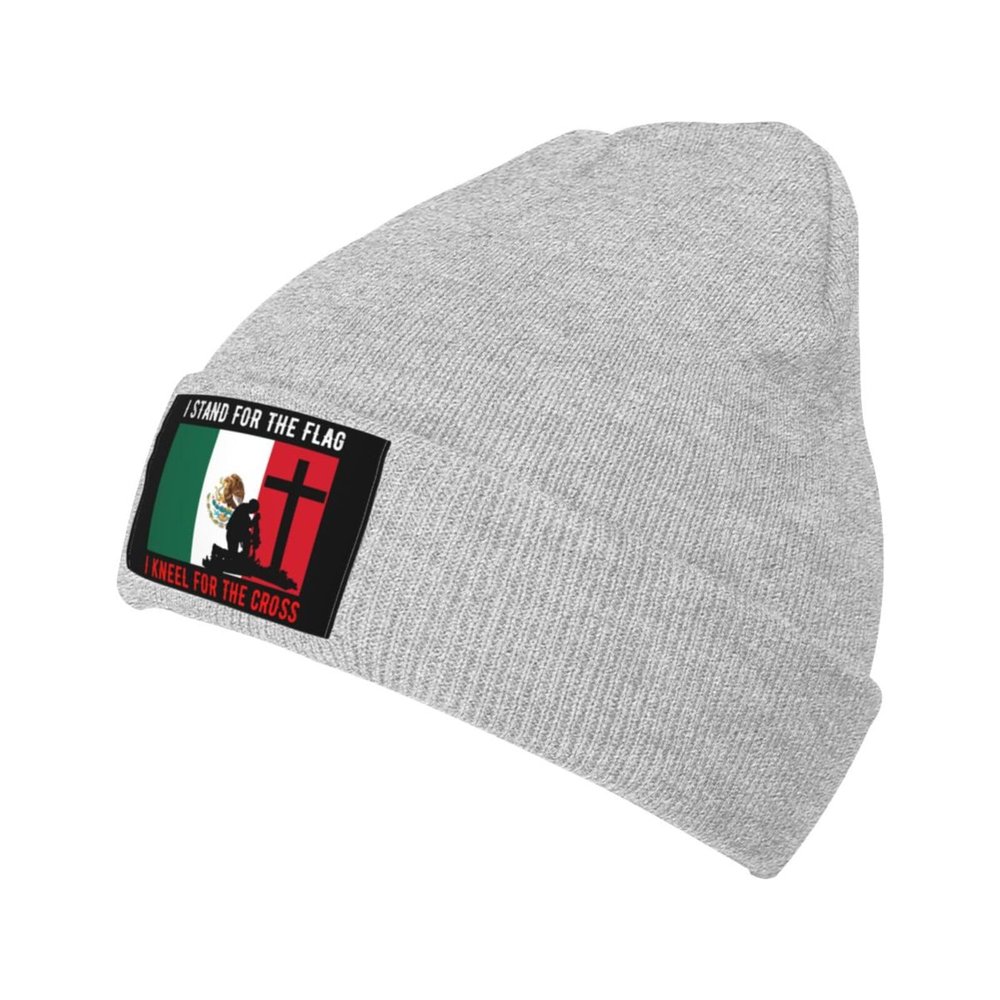 I Stand for The Mexico Flag and I Kneel for The Cross Beanie Hat Acrylic Knit Warm Winter Hats for Women Men Skull Cap Gray