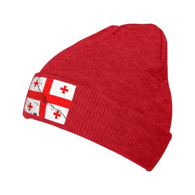 Flag of Georgia Texture Effect Beanie Hat Acrylic Knit Warm Winter Hats for Women Men Skull Cap Red