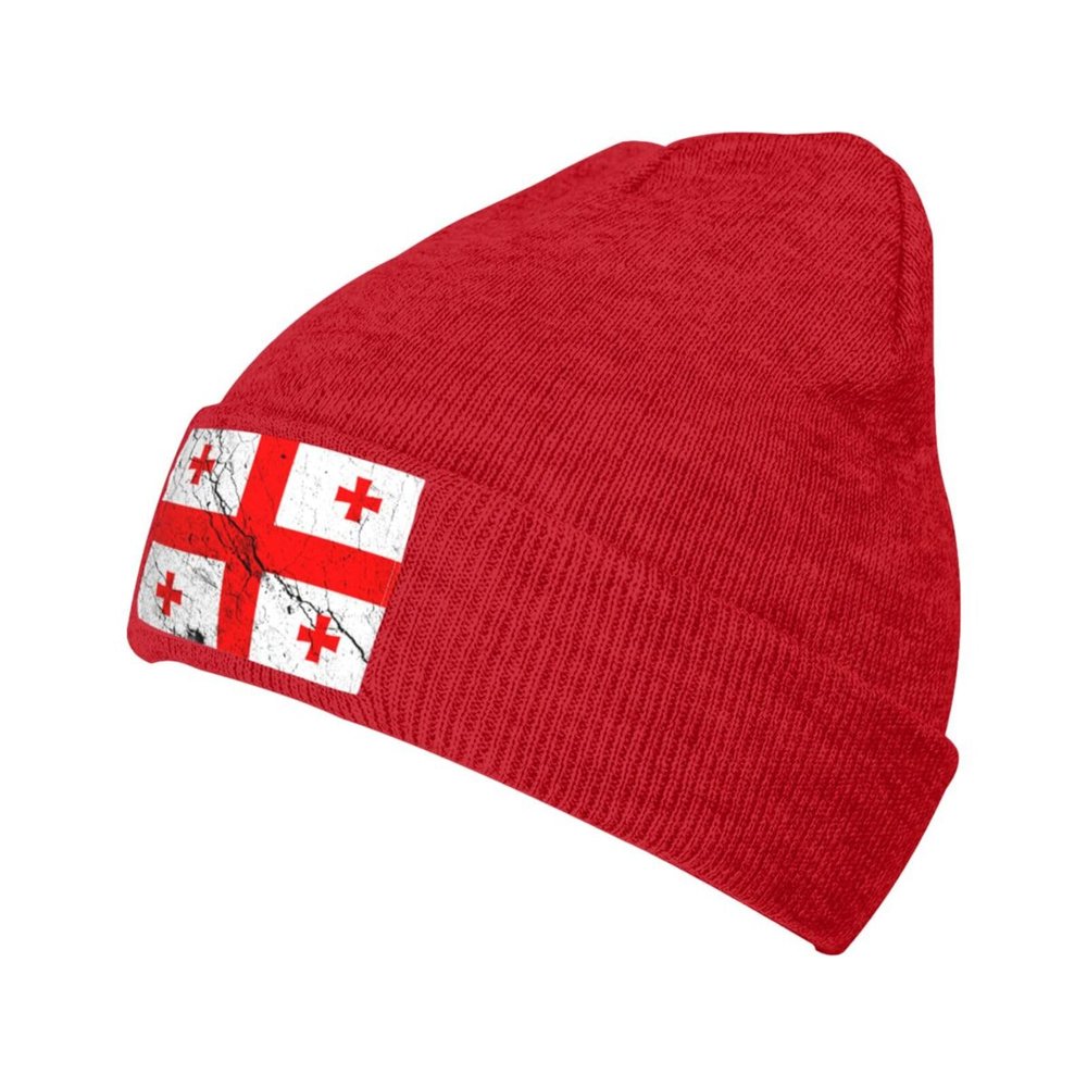 Flag of Georgia Texture Effect Beanie Hat Acrylic Knit Warm Winter Hats for Women Men Skull Cap Red