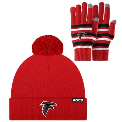 FOCO Atlanta Falcons NFL Stretch Gloves & Logo Pom Knit Cap Hat Winter Beanie - Bundle