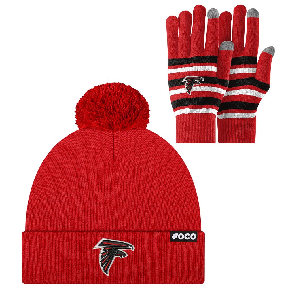 FOCO Atlanta Falcons NFL Stretch Gloves & Logo Pom Knit Cap Hat Winter Beanie - Bundle