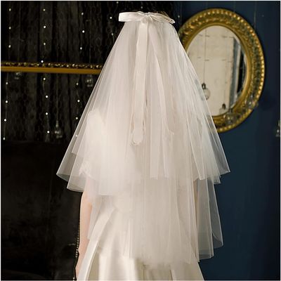 Bridal Veil Wedding Veil Ribbon Bow Two Tier Cape Veils Bridal Tulle for Women's Simple Cloak Shawl Short Tulle Party Shoulder Veil Breathable