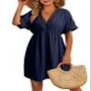 Dokotoo Women's Summer Swimsuit Beach Cover Up Hollow Out V Neck Short Sleeve Bikini Bathing Suit Swim Cruise Outfits for Women 2026 Solid Swimwear Cover-ups Side Slits Flowy Mini Dress Navy Small view 1