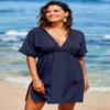 Dokotoo Women's Summer Swimsuit Beach Cover Up Hollow Out V Neck Short Sleeve Bikini Bathing Suit Swim Cruise Outfits for Women 2026 Solid Swimwear Cover-ups Side Slits Flowy Mini Dress Navy Small view 3