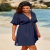 Dokotoo Women's Summer Swimsuit Beach Cover Up Hollow Out V Neck Short Sleeve Bikini Bathing Suit Swim Cruise Outfits for Women 2026 Solid Swimwear Cover-ups Side Slits Flowy Mini Dress Navy Small view 4