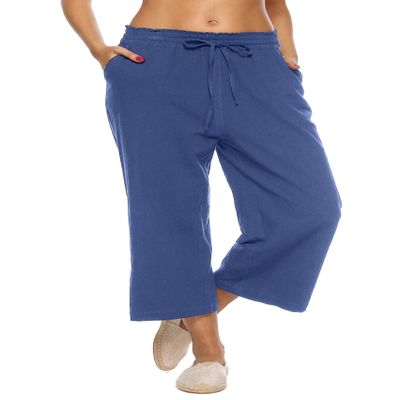 LNX Womens Linen Capri Pants Wide Leg High Waisted Drawstring Casual Cropped Pants with Pockets Blue