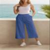 LNX Womens Linen Capri Pants Wide Leg High Waisted Drawstring Casual Cropped Pants with Pockets Blue view 3