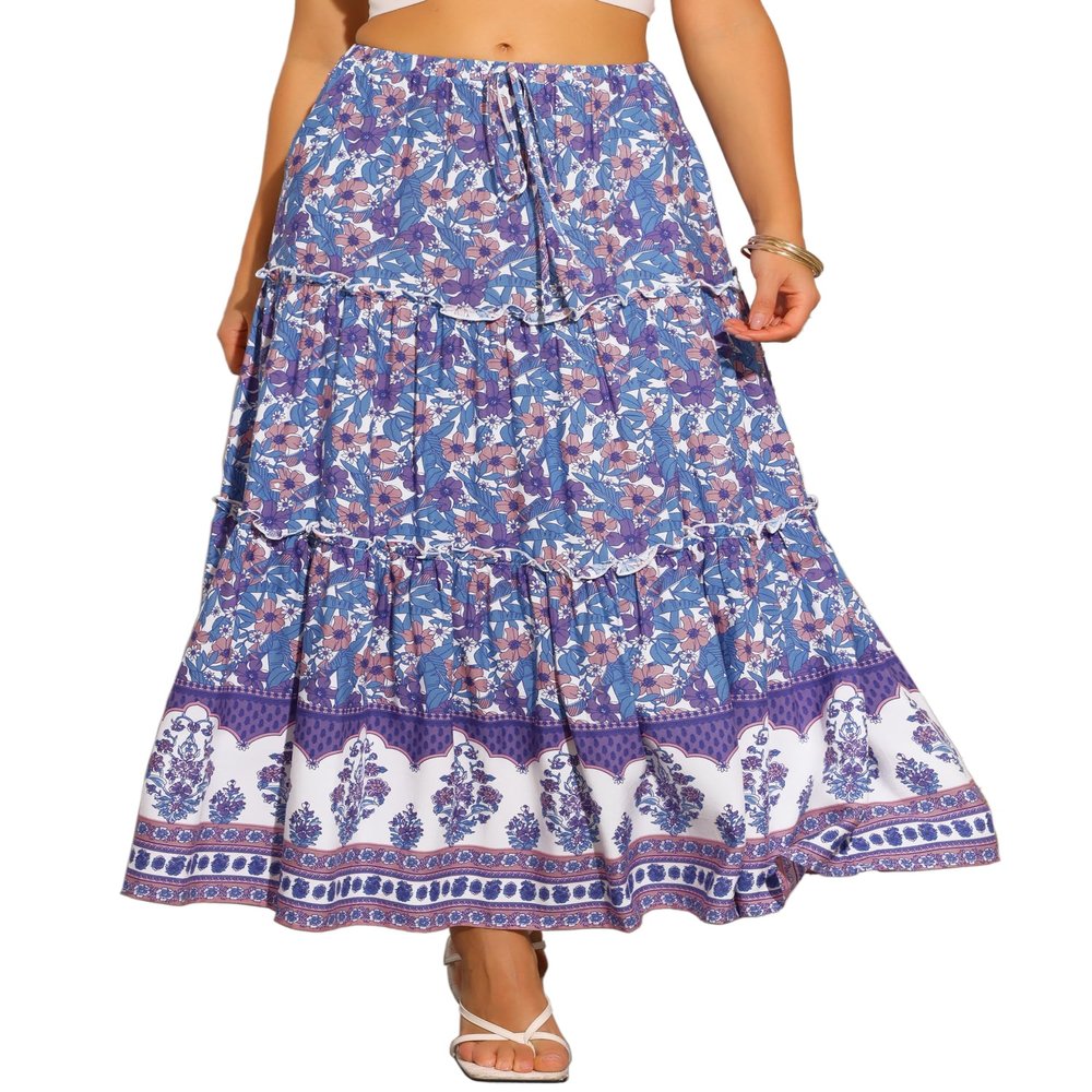 Allegra K Summer Boho Maxi Skirts for Women Floral Flowy Ruffle Tiered Long Skirts with Pockets Small Blue Purple