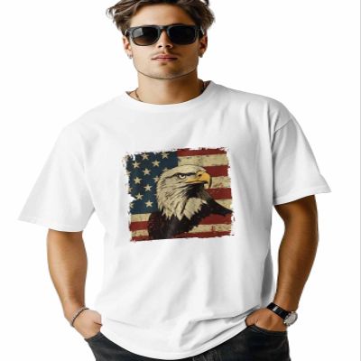 Graphic Men's T-Shirt Eagle USA Flag Vintage Cotton Top Short Sleeve L Black Fashion Basic Casual Tee
