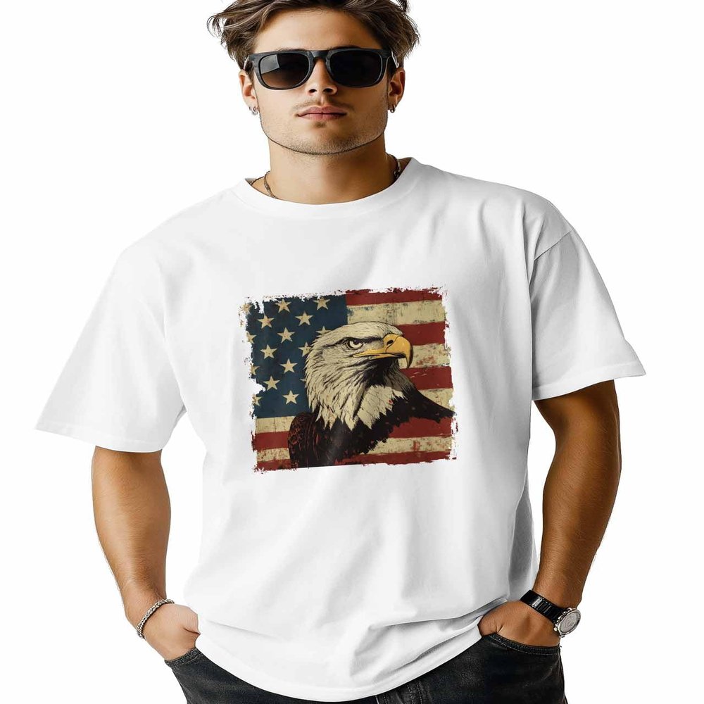 Graphic Men's T-Shirt Eagle USA Flag Vintage Cotton Top Short Sleeve L Black Fashion Basic Casual Tee