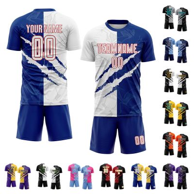 Custom Soccer Jersey Printed Name Number Logo, Personalized Scratch Style Royal Blue White Athletic Training Shirts and Shorts for Men Women Youths Kids, Soccer Sports Fan Jerseys Fit for Dailywear