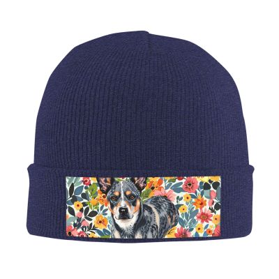 Cattle Dog Florals Printd Knitted Hat Warm Winter Hats High Elasticity Personalized Knitted Hat Navy Blue