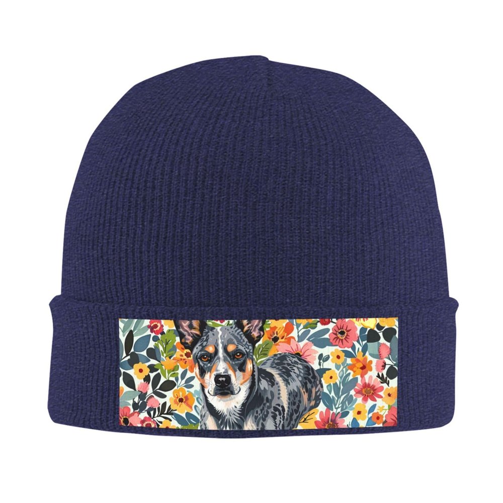 Cattle Dog Florals Printd Knitted Hat Warm Winter Hats High Elasticity Personalized Knitted Hat Navy Blue
