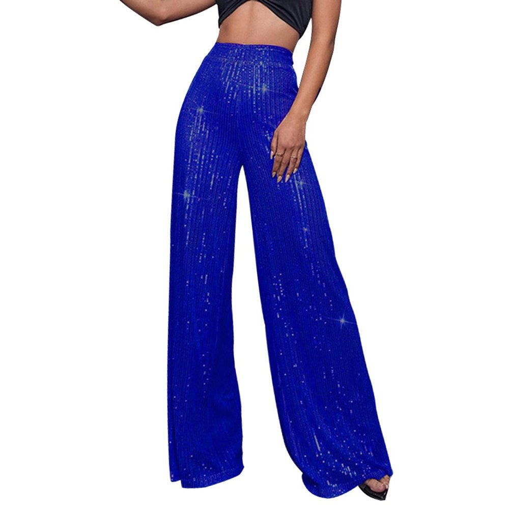 GOKKILRW Sequin Pant for Women Sparkly Glitter High Waist Wide Leg Slacks 70s Disco Party Night Club Trouser Shinny Buttoms Blue