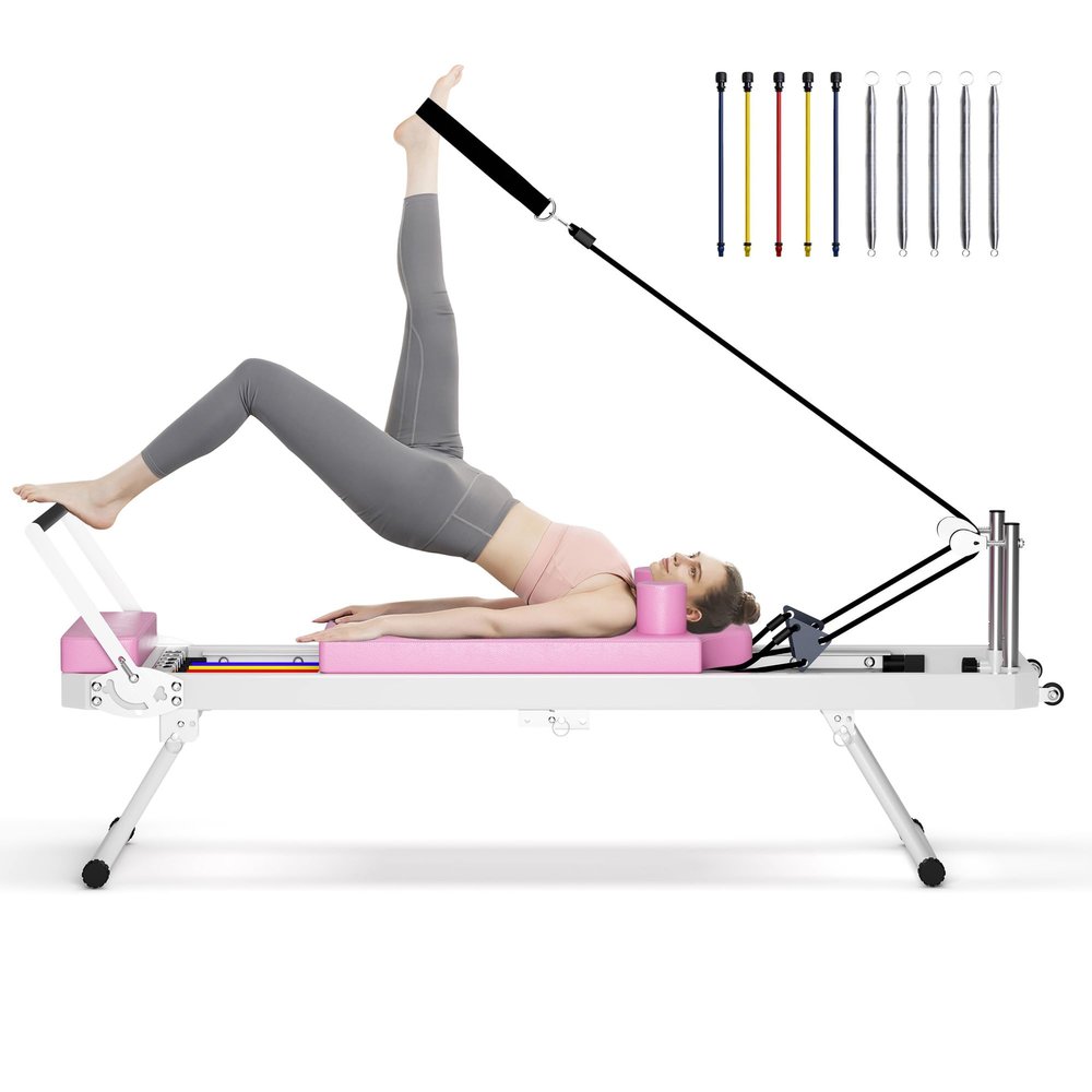 Pilates Reformer Machine, Foldable Pilates Reformer Machine Equipment for Home and Gym, with Dual Resistance, Springs and 5 Cords, Up to 330 lbs (Pink)