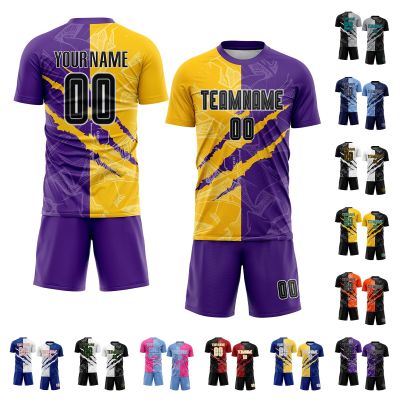 Scratch Style Purple Yellow Soccer Jersey Set for Men Women Custom Training Soccer Uniforms for Boys Girls Personalized Football Shirt Shorts Sports Fan Jersey Design Printed Your Own Name Number Logo