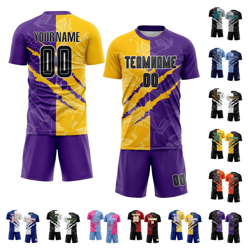 Scratch Style Purple Yellow Soccer Jersey Set for Men Women Custom Training Soccer Uniforms for Boys Girls Personalized Football Shirt Shorts Sports Fan Jersey Design Printed Your Own Name Number Logo