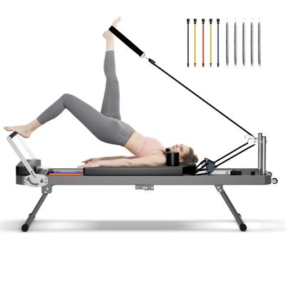 Pilates Reformer Machine, Foldable Pilates Reformer Machine Equipment for Home and Gym, with Dual Resistance, Springs and 5 Cords, Up to 330 lbs (Black)