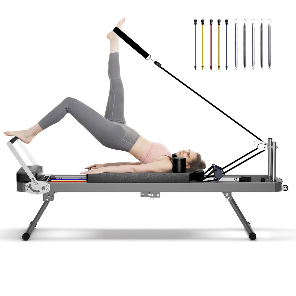 Pilates Reformer Machine, Foldable Pilates Reformer Machine Equipment for Home and Gym, with Dual Resistance, Springs and 5 Cords, Up to 330 lbs (Black)