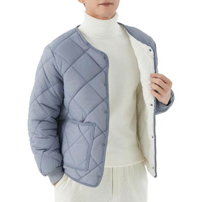 Qolkmuiy-GJ Mens Long-Sleeved Diamond Quilted Jacket Winter Warm Padded Coats Outwear Thicken Solid V Neck Cotton Coat (Blue 1,3X-Large)