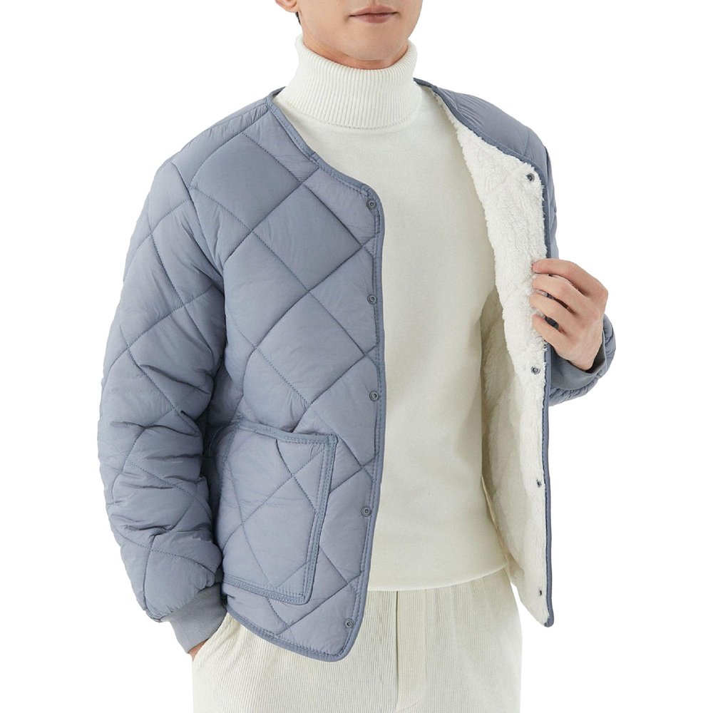 Qolkmuiy-GJ Mens Long-Sleeved Diamond Quilted Jacket Winter Warm Padded Coats Outwear Thicken Solid V Neck Cotton Coat (Blue 1,3X-Large)