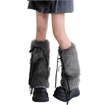 Women's Plush Winter Warm Leg Protector Butterfly Knot Fur Leg Warmer Multi Color Fury Leg Warmer Y2K Leg Protector (Grey,One Size,Medium)