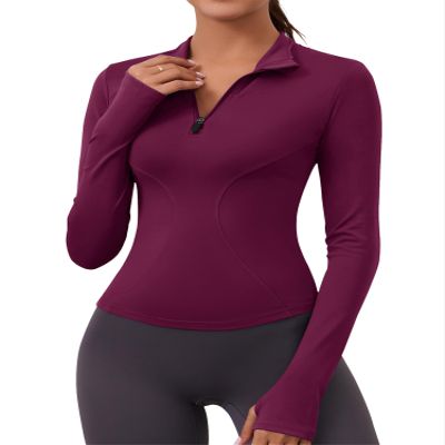 LOMON Long Sleeve Fall Workout Tops Womens Crop Quarter Half Zip Pullover Athletic Yoga Shirts Running Wear(Wine,Medium)