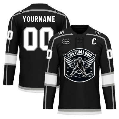 Onegam Custom Ice Hockey Jersey for Men Women Youth, Personalized Team Name Number Logo Practice Training Team Uniform Black White Gray